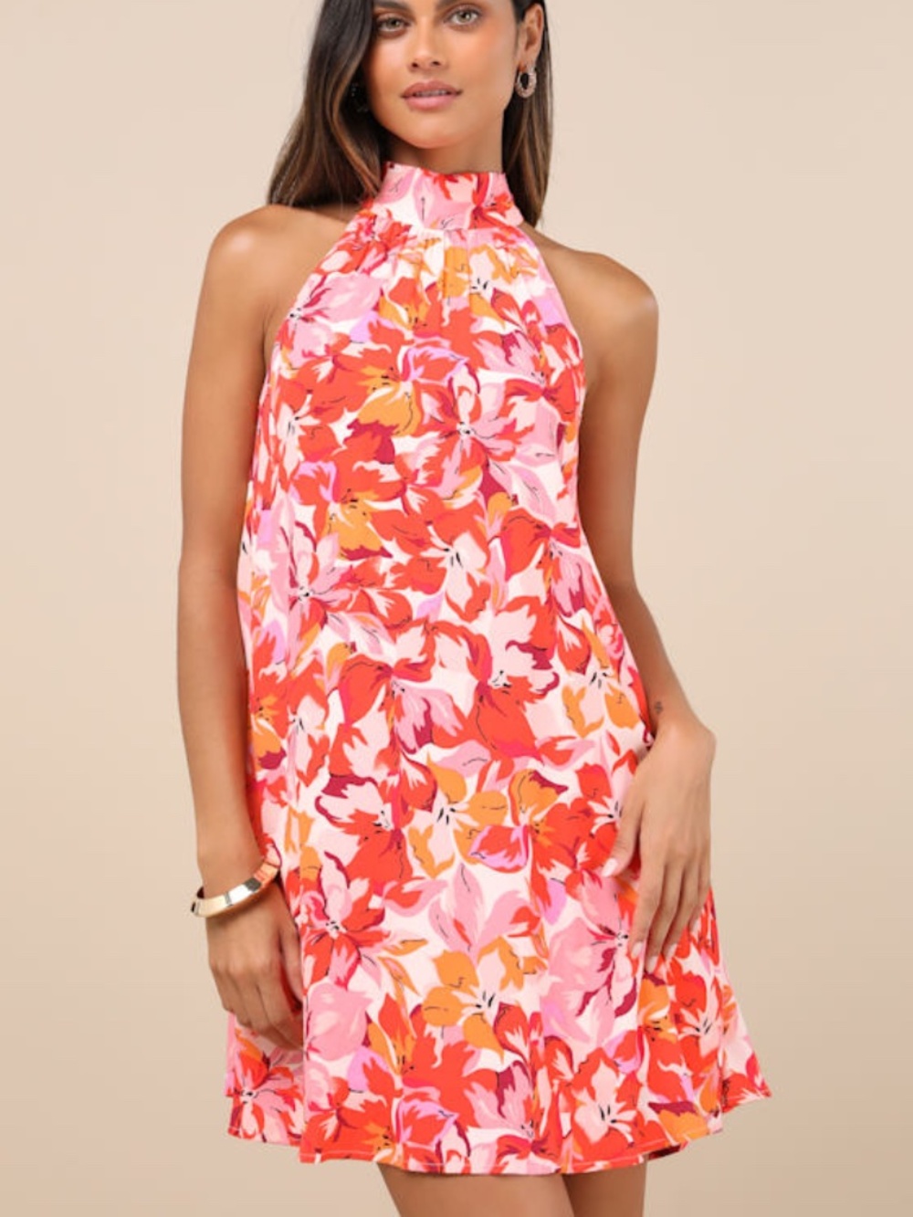 Lulus Tied Back To You Red And Pink Floral Print Mini Shift Dress - Size S